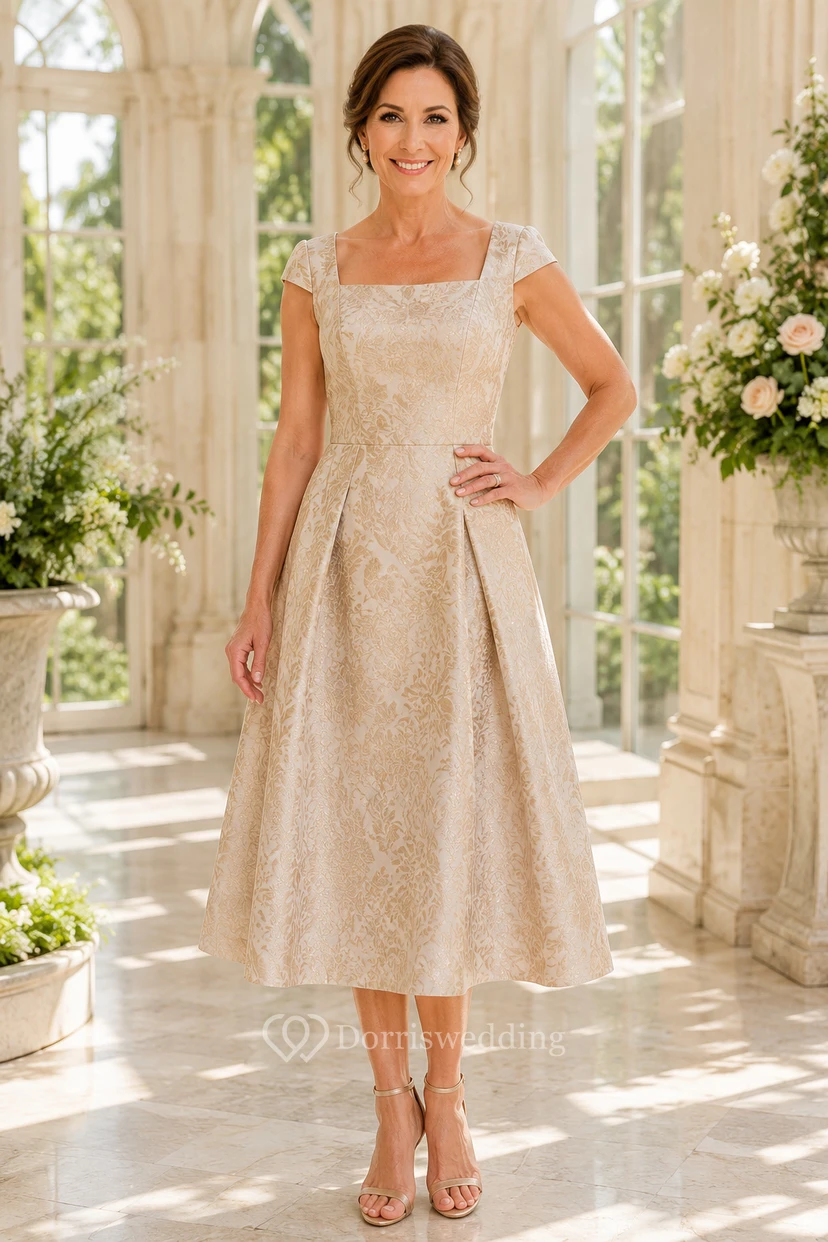 Robe de mère champagne à col carré, longueur thé et coupe trapèze