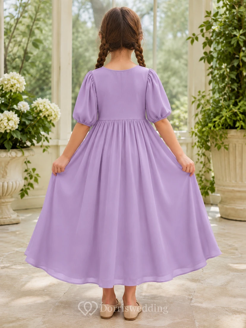 Flower Girl Dress A-Line Lilac Sensory Friendly Jersey Puff Sleeve Party view 2