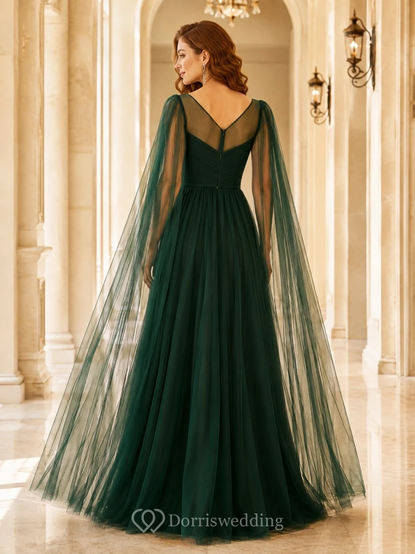 Dark Green Sweetheart Cape Sleeve Tulle Ball Gown Formal Dress view 2