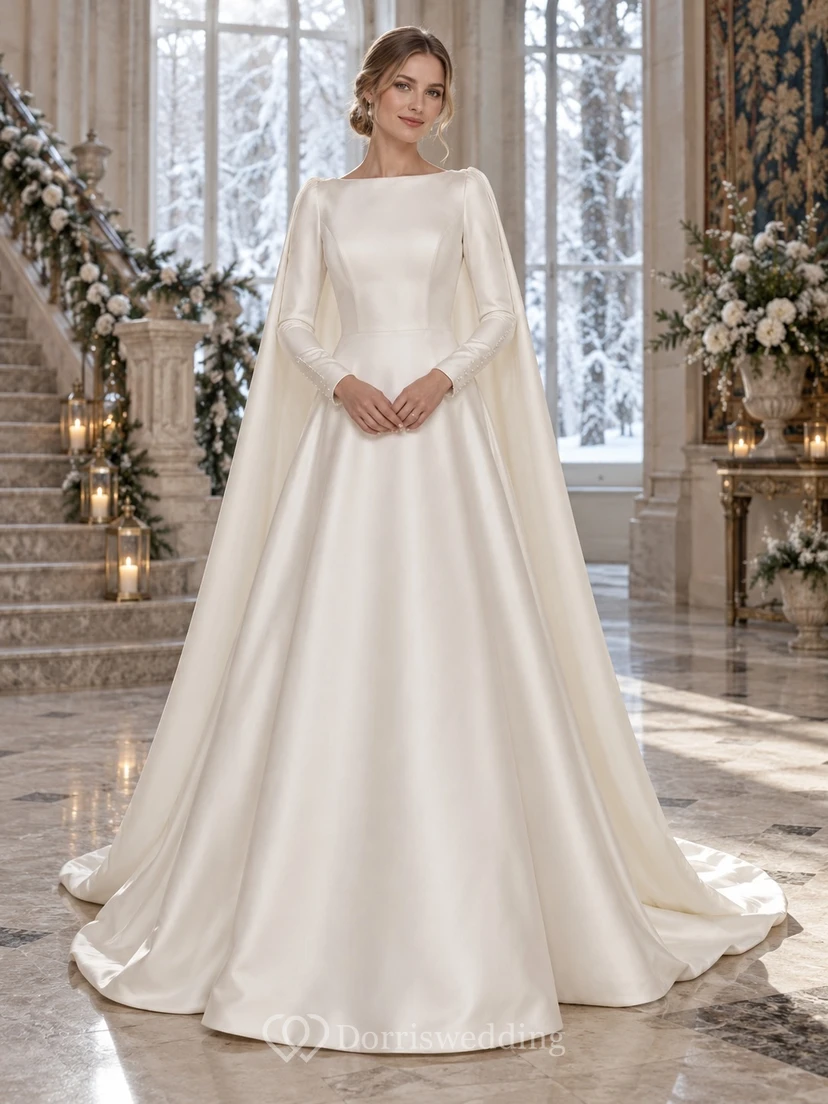 Vestido de novia sencillo y modesto de corte A con capa y cuello barco, manga larga, de satén y manga larga, ideal para invierno.
