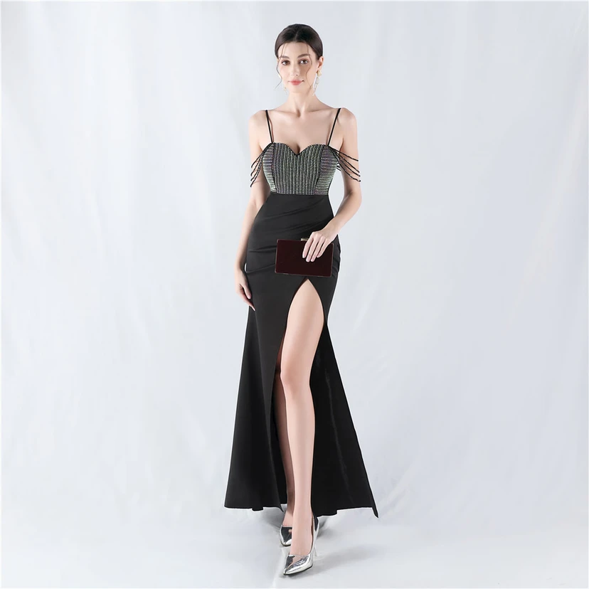 Hot Diamond Beaded High-Slit Satin Sexy Sling Evening Dress view 5