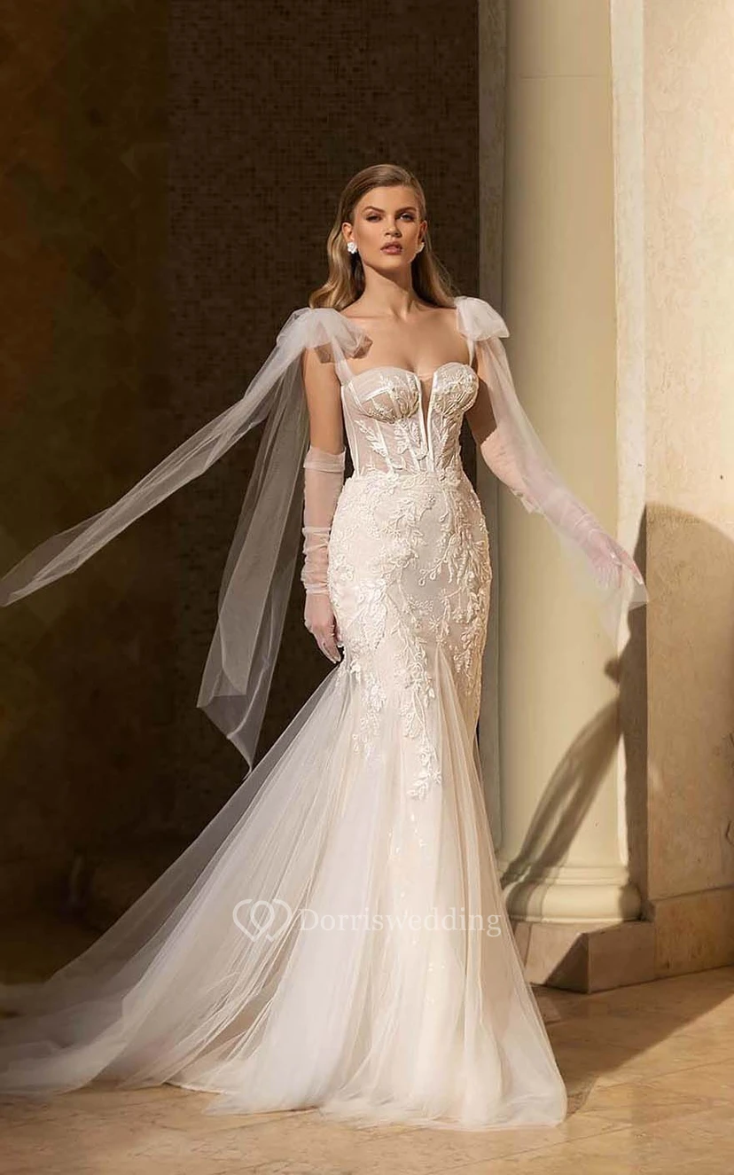 Notched Sweetheart A-line Mermaid Tulle Lace Princess Wedding Dress with Straps and Detachable Skirt view 3