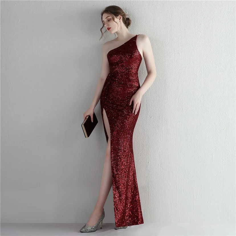 Sequined One-Shoulder Celebrity Cold Banquet Slit Long Sequin Aura Queen Dinner Fishtail Dress view 19