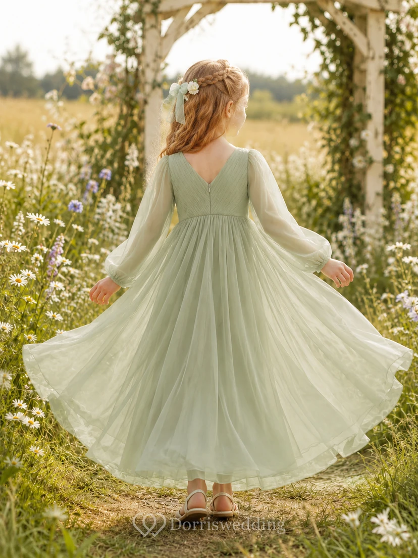 Boho Ankle-Length A-Line Garden Flower Girl Sage Chiffon V-Neck Long Sleeve Dress view 2