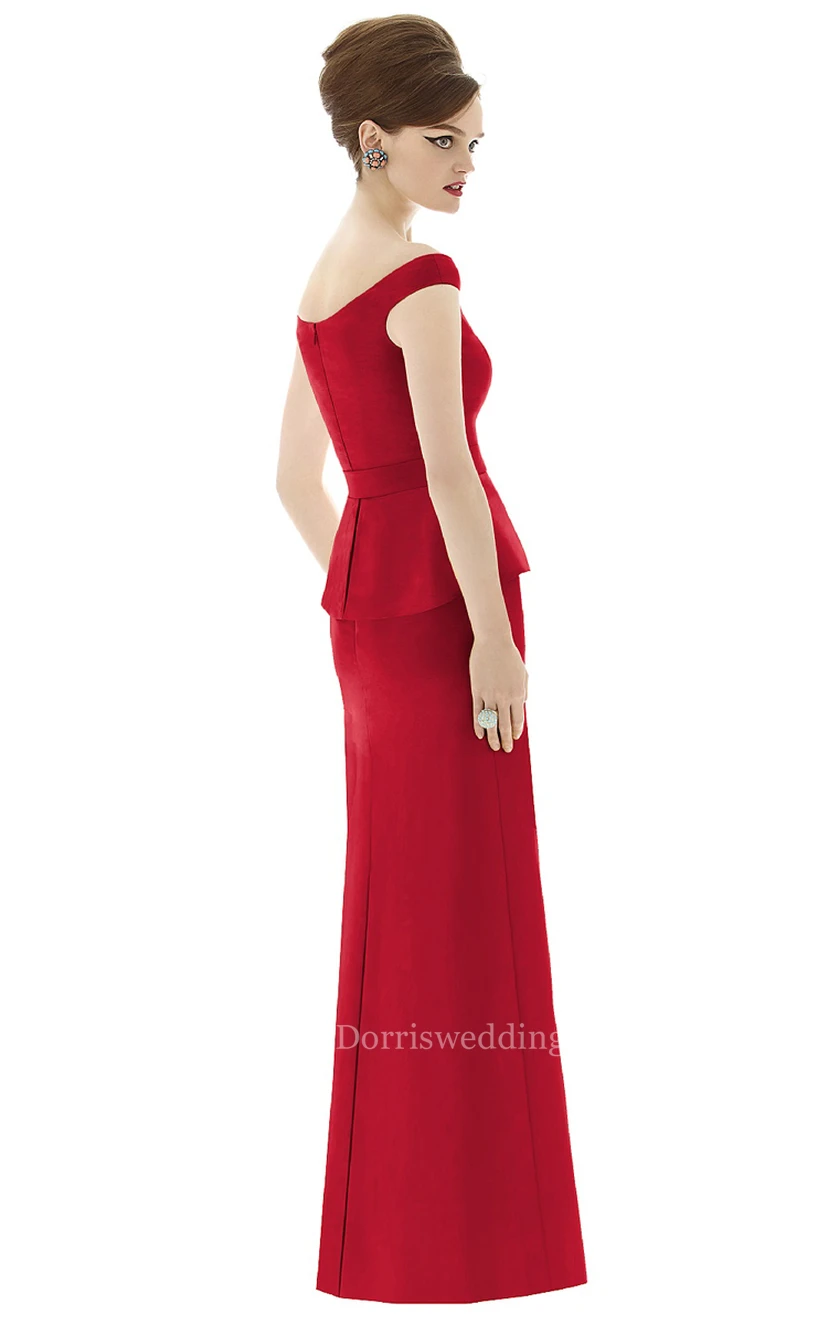 Elegant Long Off-the-Shoulder Satin Gown with Cap sleeves and Waistband view 4