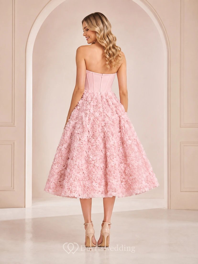 Robe de cocktail rose poudré de luxe, mi-longue, bustier cœur et rosettes, pour les 16 ans view 2