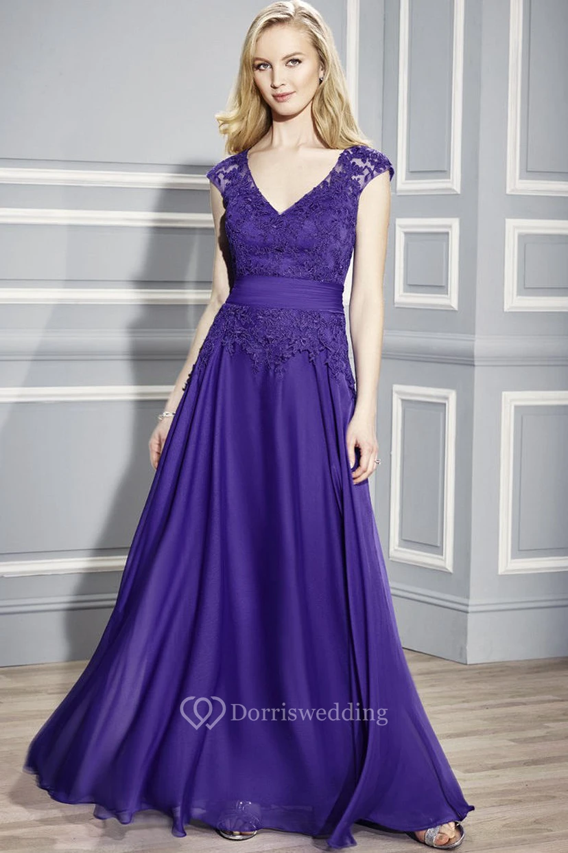A-Line Long Cap-Sleeve Appliqued V-Neck Chiffon Formal Dress