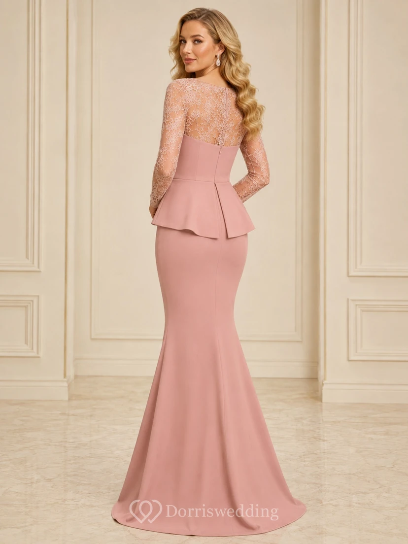 Abendkleid in Altrosa mit langen Ärmeln, Schößchen und Meerjungfrauenschnitt, bodenlang, aus Spitze und Illusionseffekt view 2