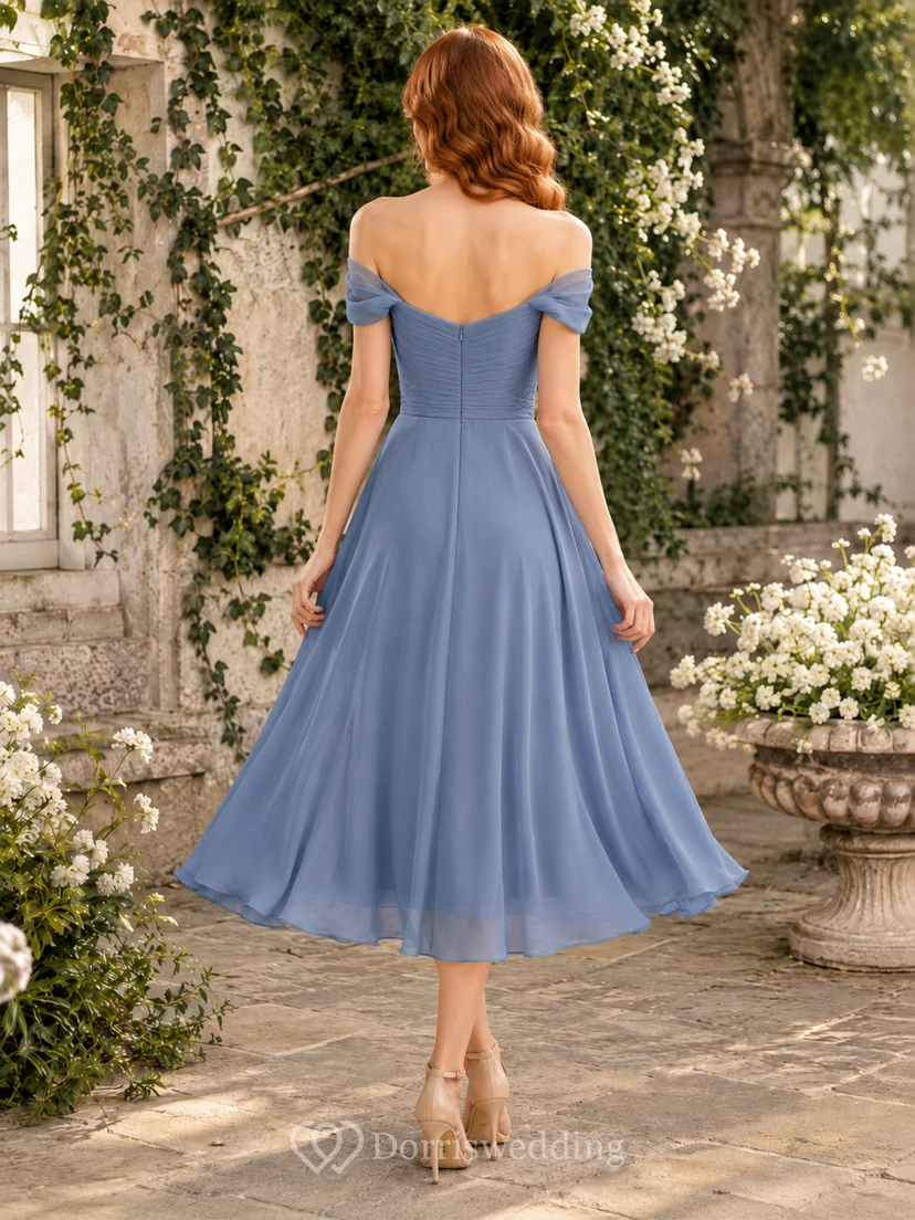 Steel Blue Romantic Garden Wedding Guest Dress A-Line Chiffon Off Shoulder Sleeveless Tea-Length Full Skirt view 2