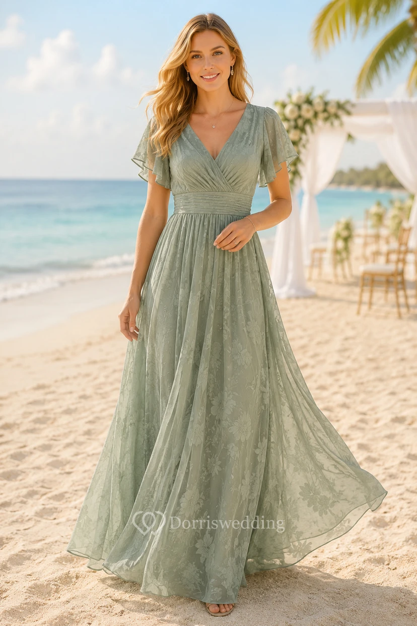 Salbeigrünes A-Linien-Strandkleid aus Chiffon mit V-Ausschnitt und Spitze