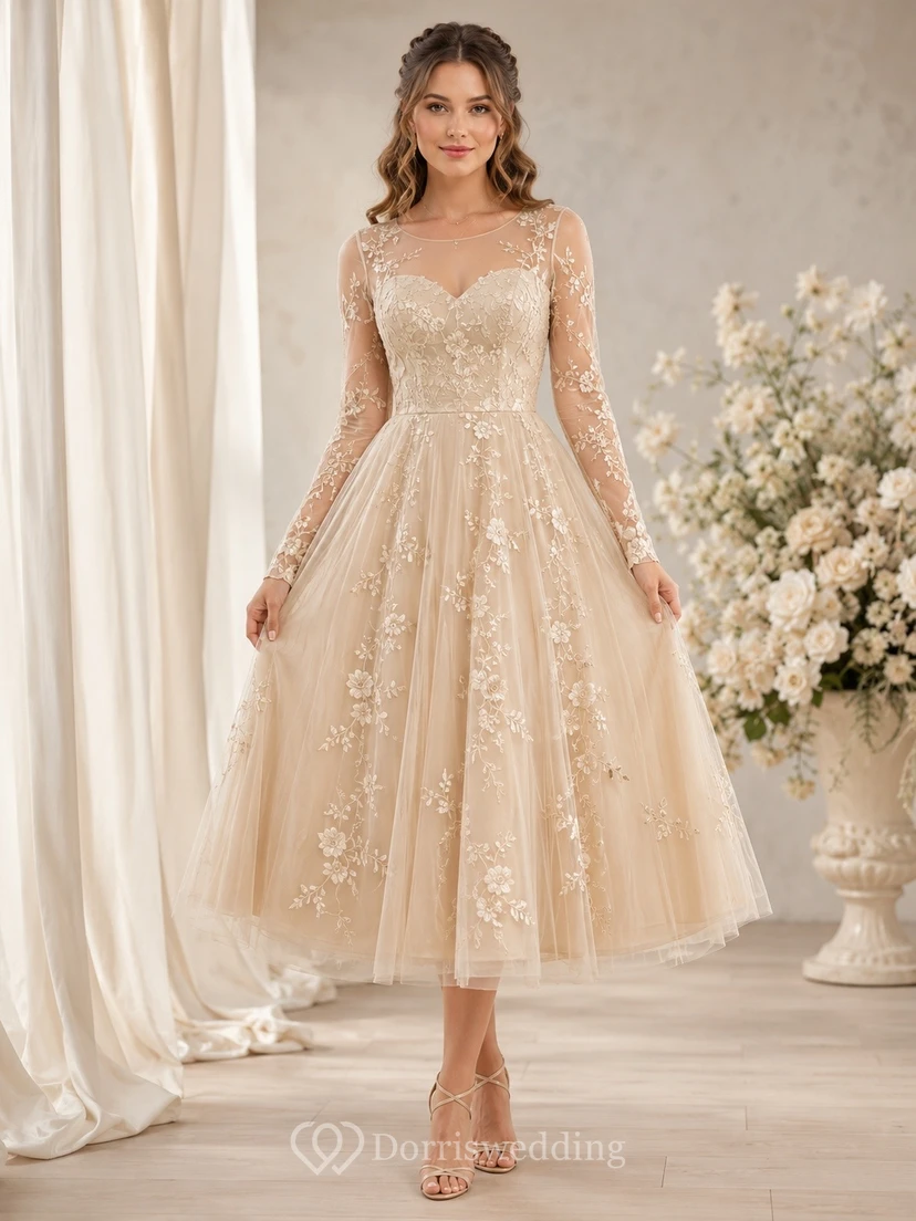 Champagne Sweetheart Long Sleeve Lace A-Line Midi Dress