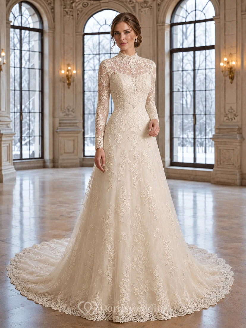 Modest Winter High Neck Long Illusion Lace Sleeve A-Line Chapel Train Wedding Gown