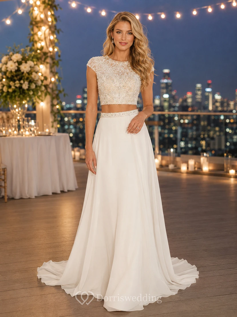 Beaded Keyhole Crop Top Chiffon Evening Reception Bridal Set