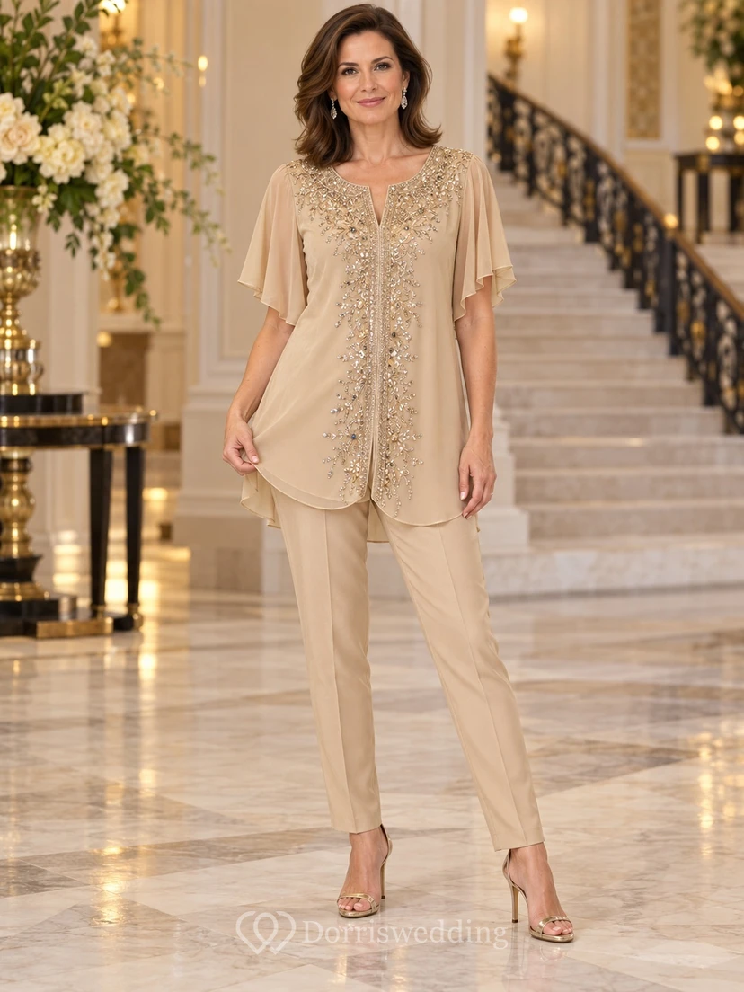 Champagne Beaded Flutter Sleeve Long Tunic Tapered Guest Pantsuit