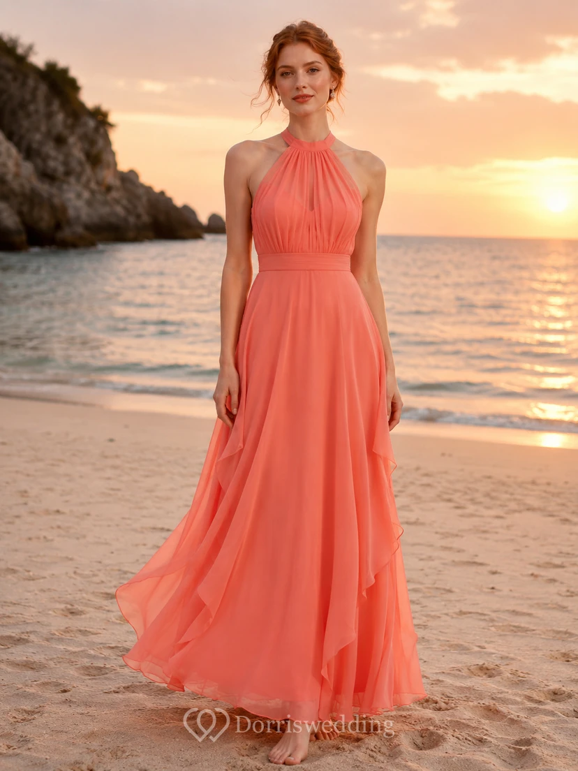 Coral Halter Neck Chiffon Floor Length A Line Beach Dress