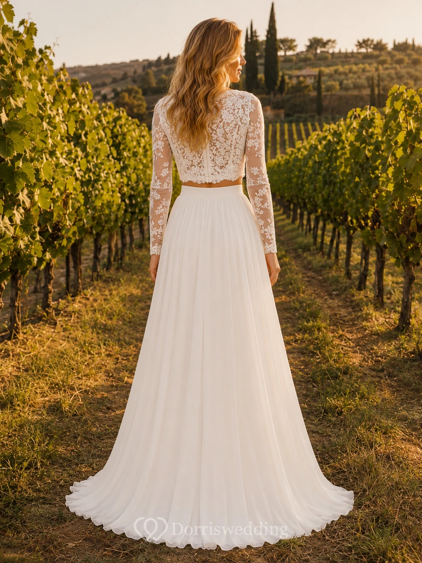 Boho-Hochzeitskleid, zweiteilig, langärmelig, aus Spitze und Chiffon, mit Weinberg-Motiv view 2