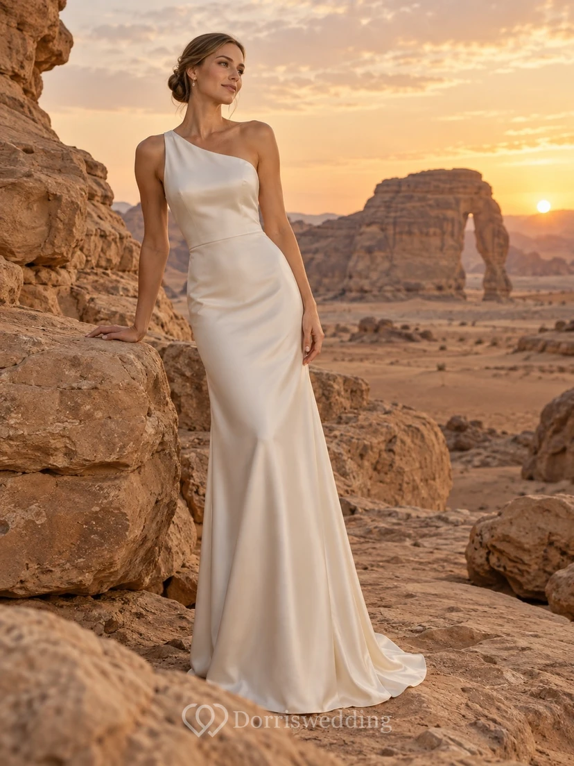 Vestido de novia sencillo de corte recto, un solo hombro, de satén liso y largo hasta el suelo.