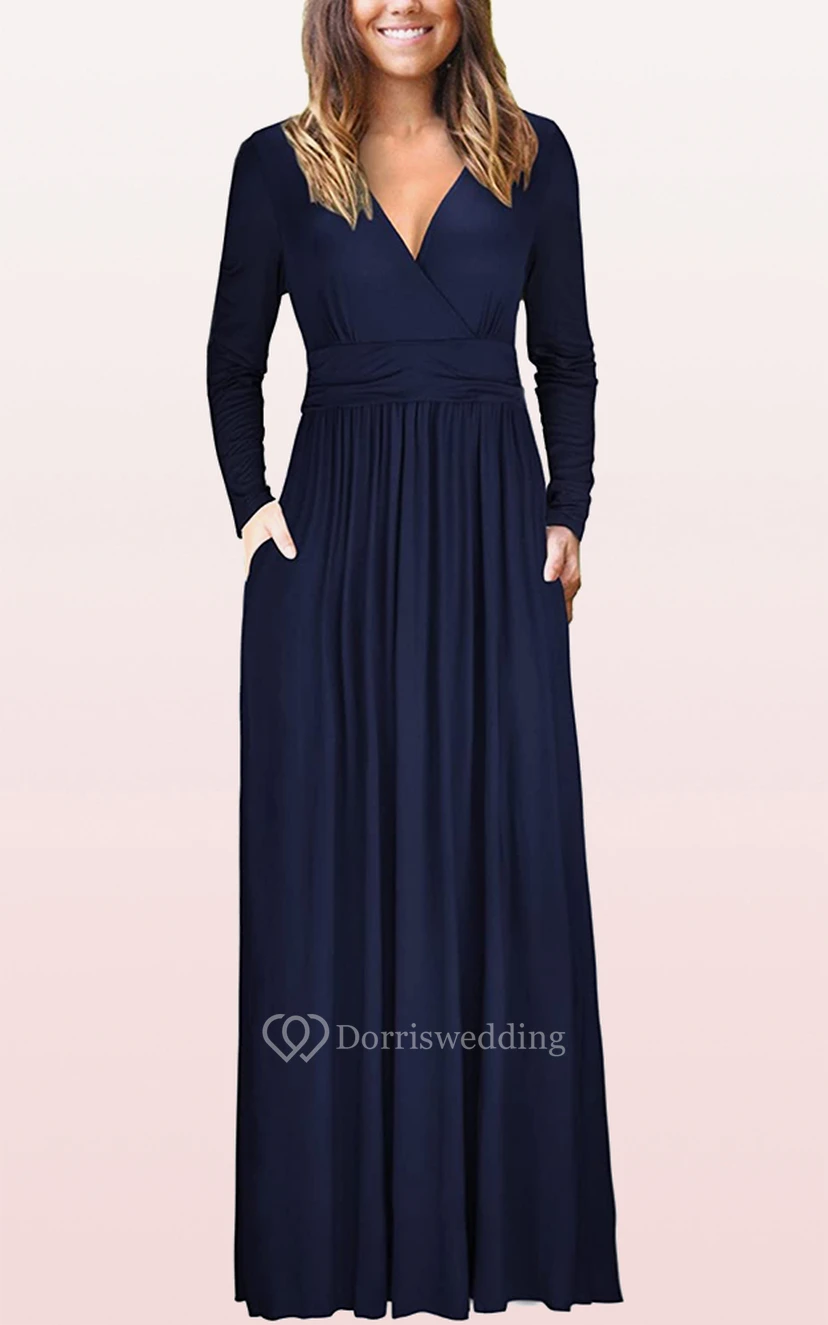 Ethereal Jersey V-neck A Line Guest Formal Dress With Pockets view 10
