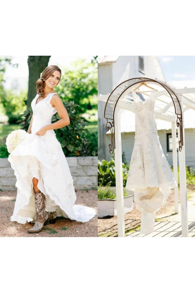 Country-Cowgirl-Stiefel, rustikales weißes Strandhochzeitskleid in Übergröße view 3