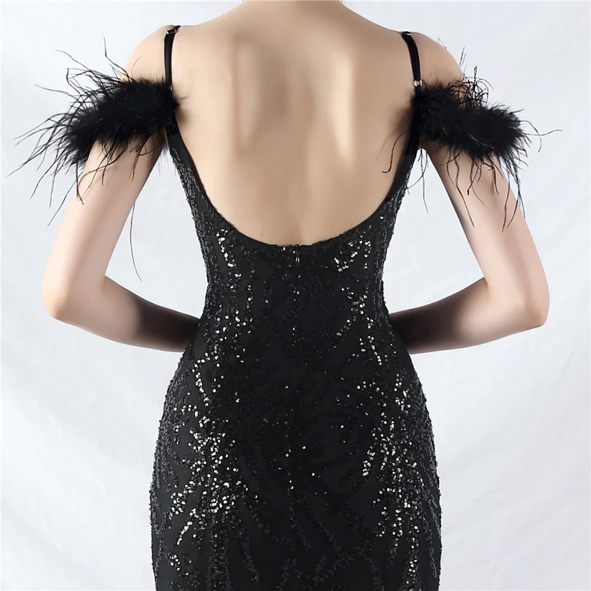 9-farbiges, handgefertigtes Abendkleid aus Kamelfedern, Netzstoff und Pailletten, sexy Trägern view 47