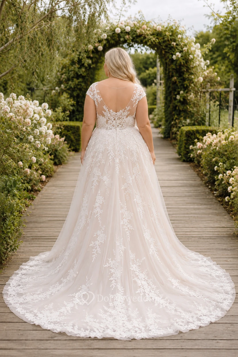 Plus Size Blushing Pink V-Neck Lace A-Line Wedding Dress Train view 2