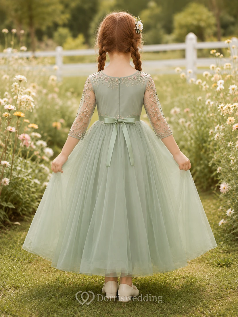 Sage Floral Lace Flower Girl Gown with Long Illusion Sleeves, Tulle A-Line Skirt, Appliqued Bodice, and Formal Finish view 2