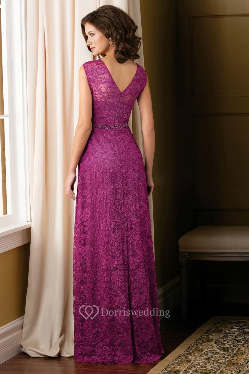 Cap-Sleeved V-Neck Lace Mother Of The Bride Dress With Beadings And V-Back view 2