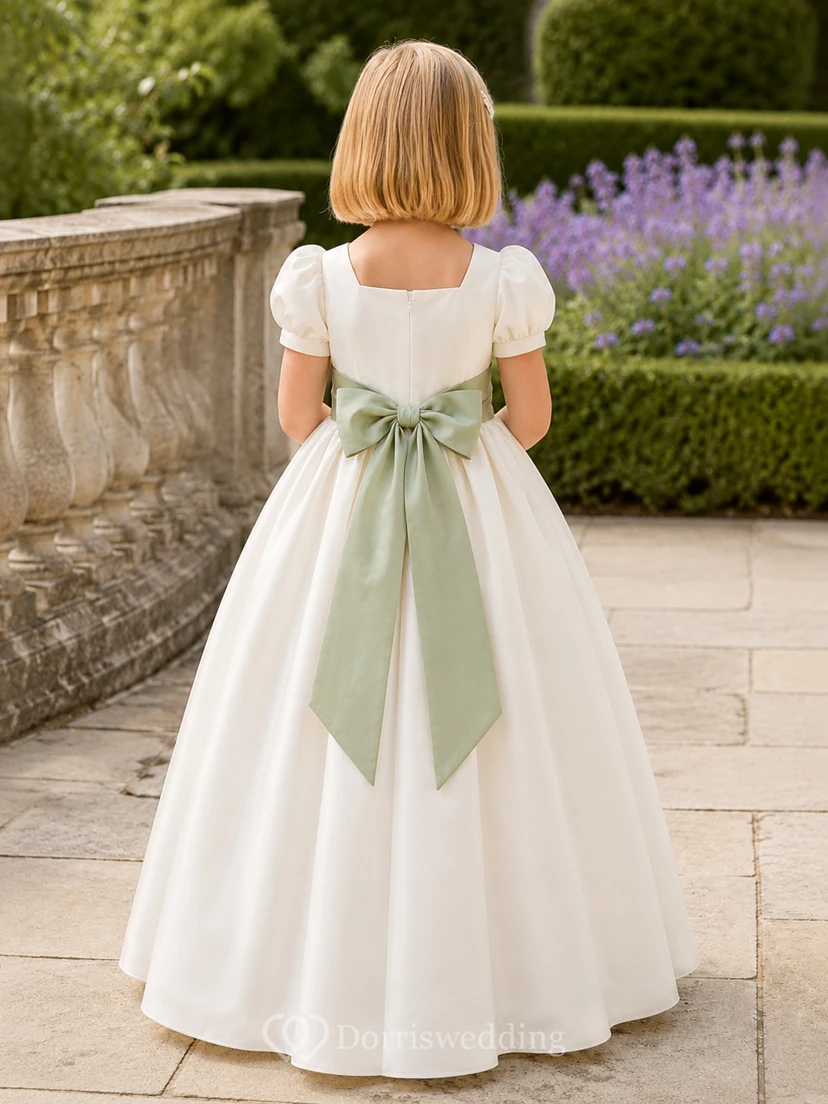 Vestido de niña de flores de satén color marfil con corte en A, mangas cortas abullonadas, escote joya y falda a la altura de la rodilla con detalles de lazos. view 2