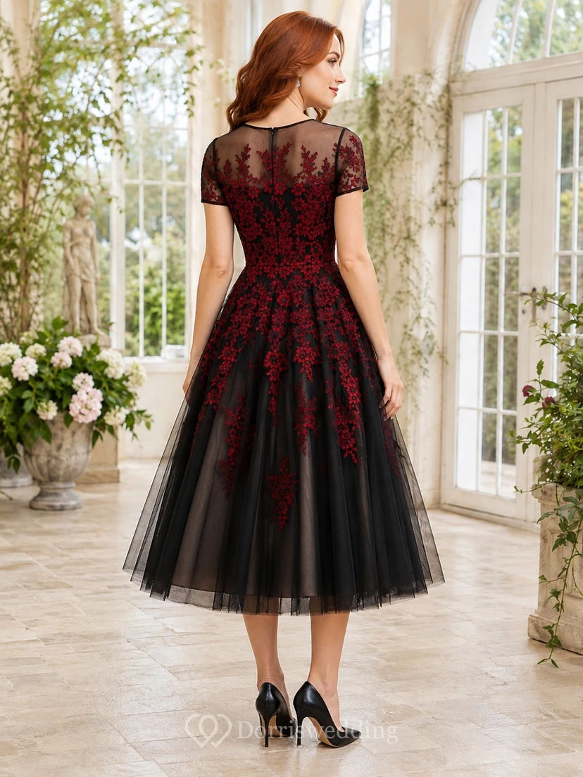 Black Red Floral Lace Short Sleeve Tea-length A-Line Romantic Cocktail Dress view 2
