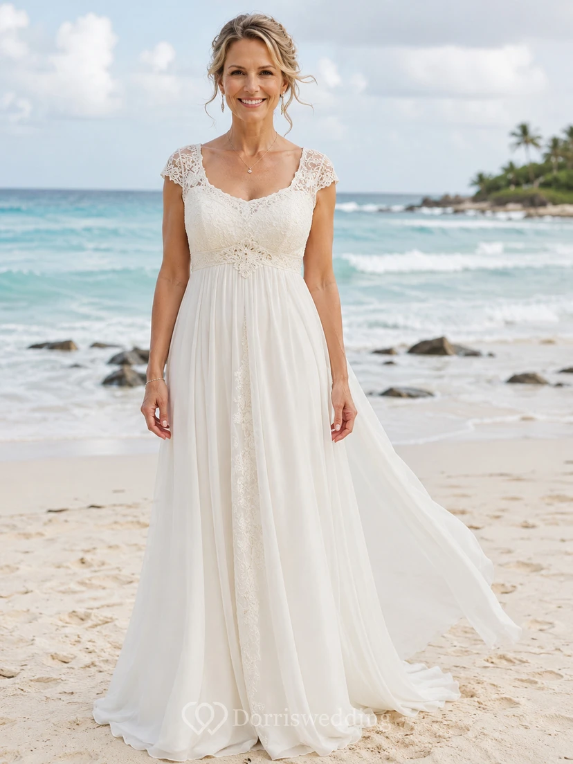 Robe de mariée empire taille A-line pour mariées plus âgées, avec manches courtes en dentelle