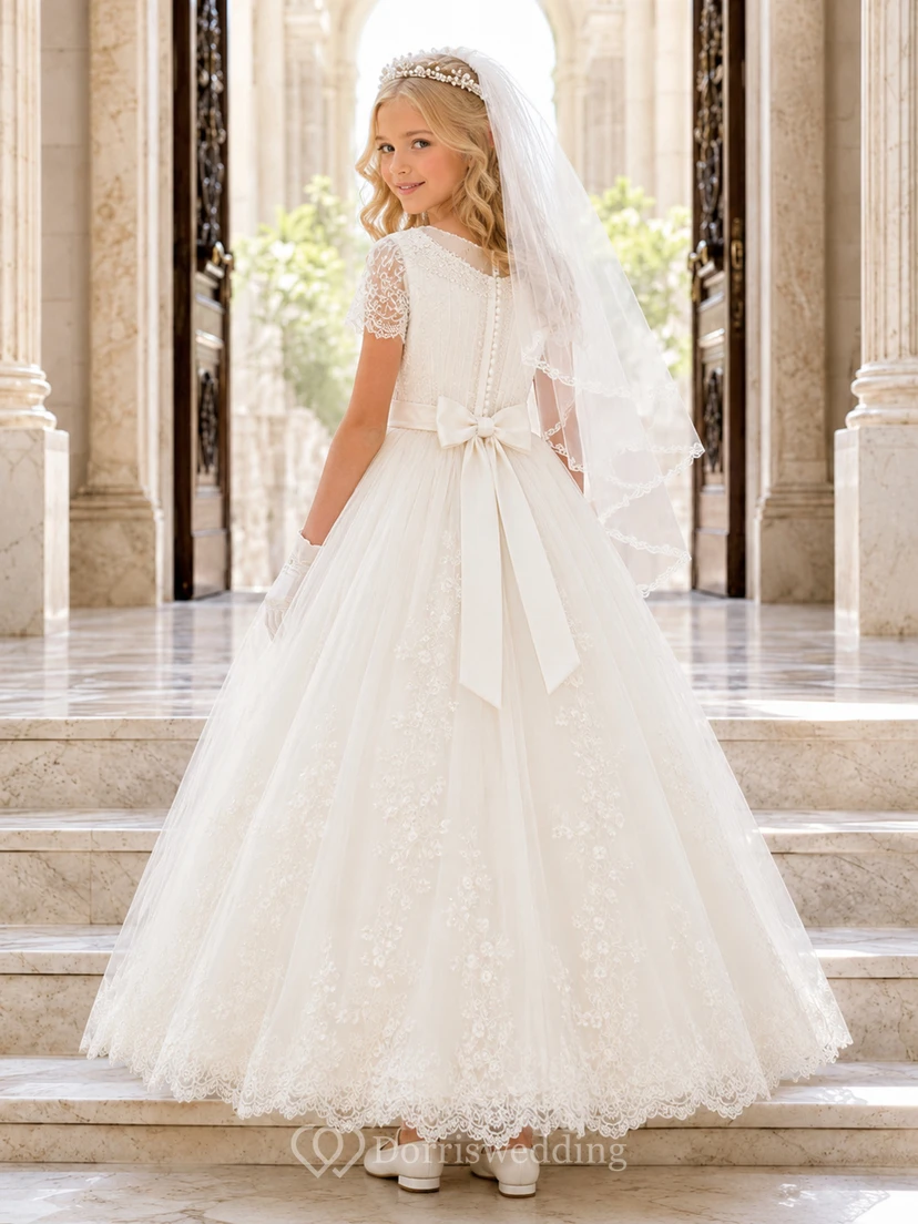 Robe de bal de première communion en tulle à col rond plissé et manches courtes en dentelle et dentelle plissée view 2