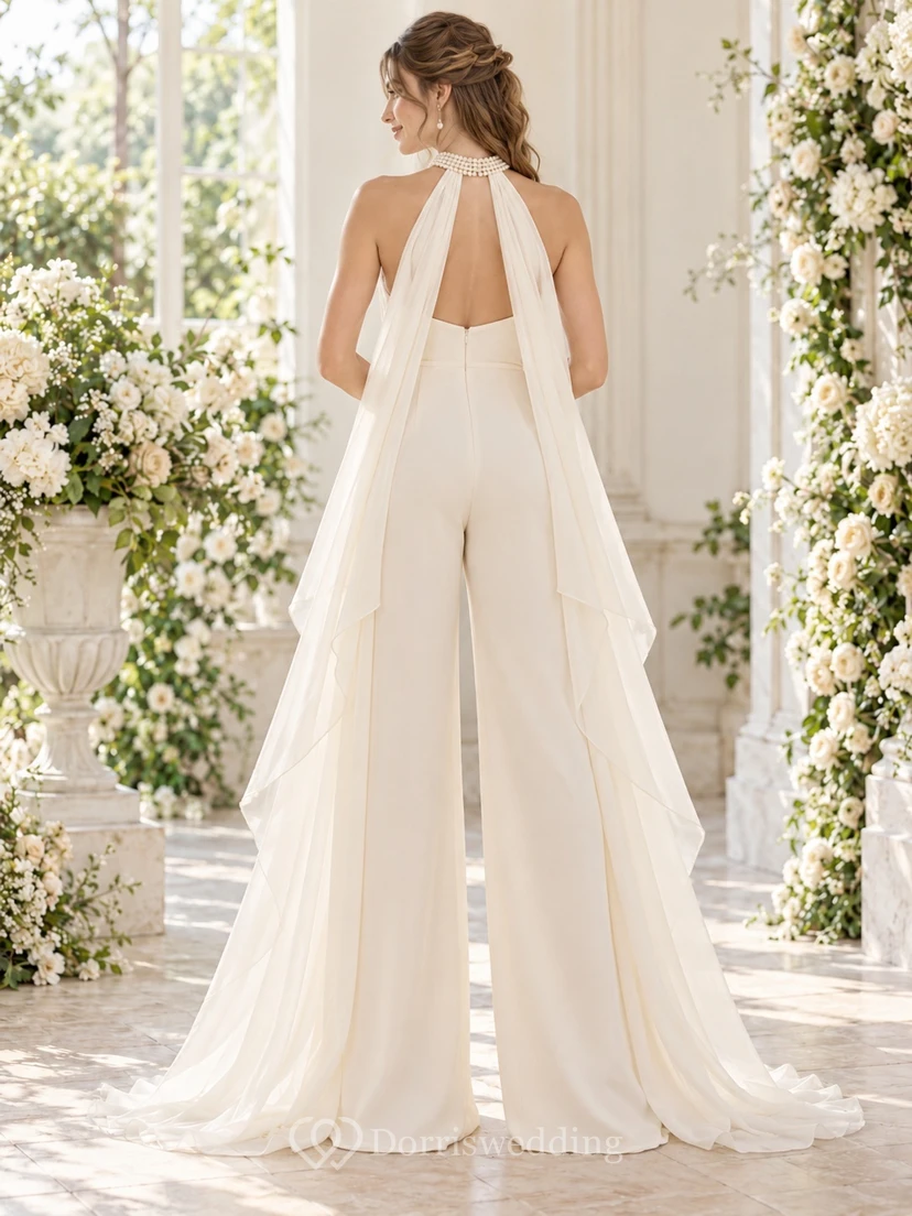 High Neck Pearl Halter Draped Scarf Back Wide Leg Bridal Jumpsuit view 2