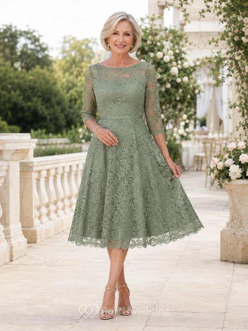 Salbeigrünes, zierliches Vintage-Kleid mit Muschelsaum, U-Boot-Ausschnitt, Dreiviertel-Ausschnitt, Illusionsspitze, A-Linie, Teelänge – das perfekte Kleid für die Großmutter der Braut