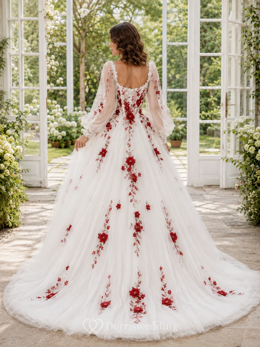 Rotes, geblümtes Ballkleid aus Tüll, Brautkleid mit V-Ausschnitt, langen Ärmeln und Kathedralenschleppe view 2