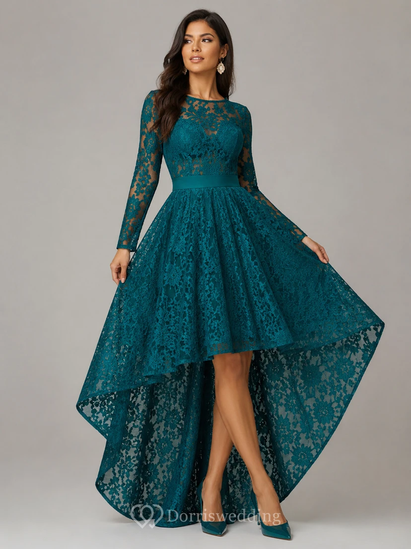 Dramatic Black Damask Lace High-Low Prom Gown view 7