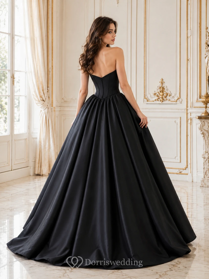 Vestido de fiesta largo hasta el suelo con cola, de satén negro, sin tirantes, escote corazón, pliegues, escote en V profundo, cremallera en la espalda y falda larga. view 2