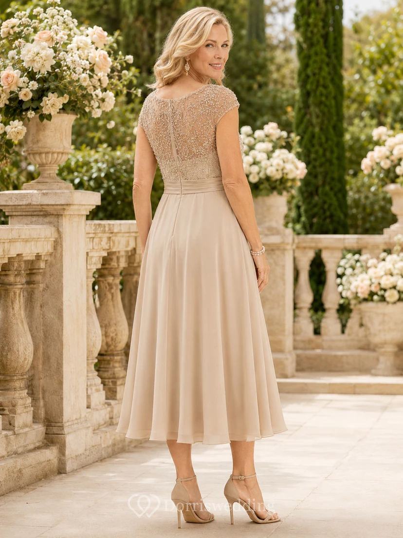 Champagnerfarbenes, romantisches A-Linien-Kleid aus Chiffon mit Rundhalsausschnitt und kurzen Ärmeln – ideal für die Mutter der Braut. view 2