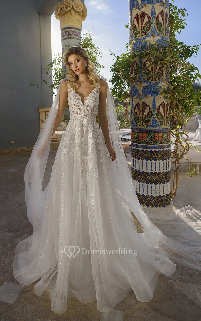 Ball Gown V-neck Sleeveless Court Train Organza Wedding Dress with Appliques and Draping