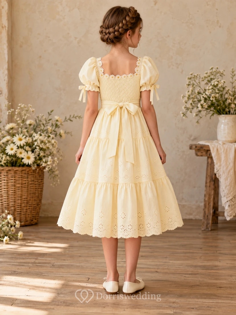 Daffodil Square Neck Puff Sleeve Eyelet Flower Girl Dress view 2