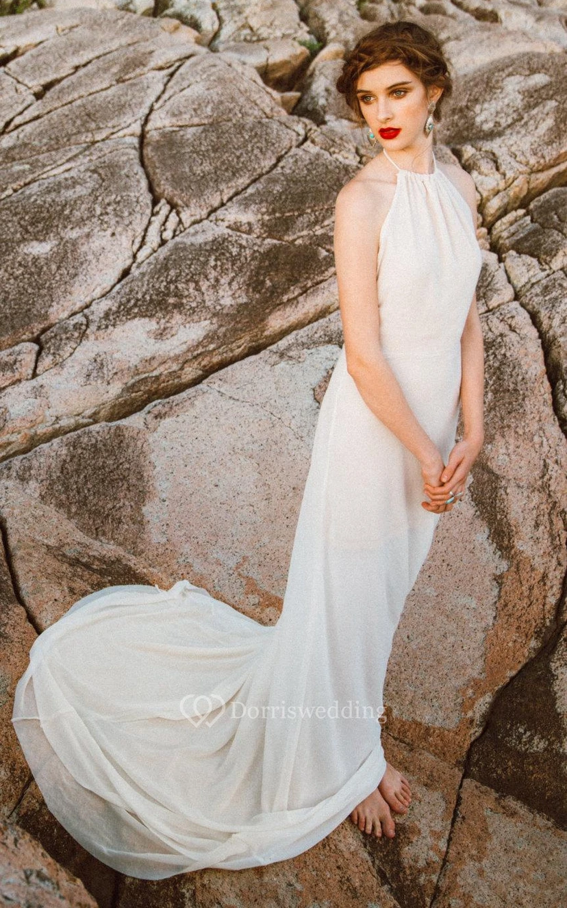 Halter Neck Sleeveless Backless Sheath Long Chiffon Wedding Dress view 4