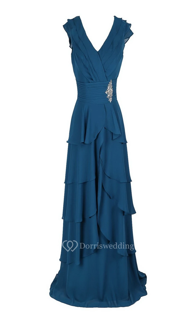V-neck Tiered Chiffon A-line Gown With Crystal Detail view 2