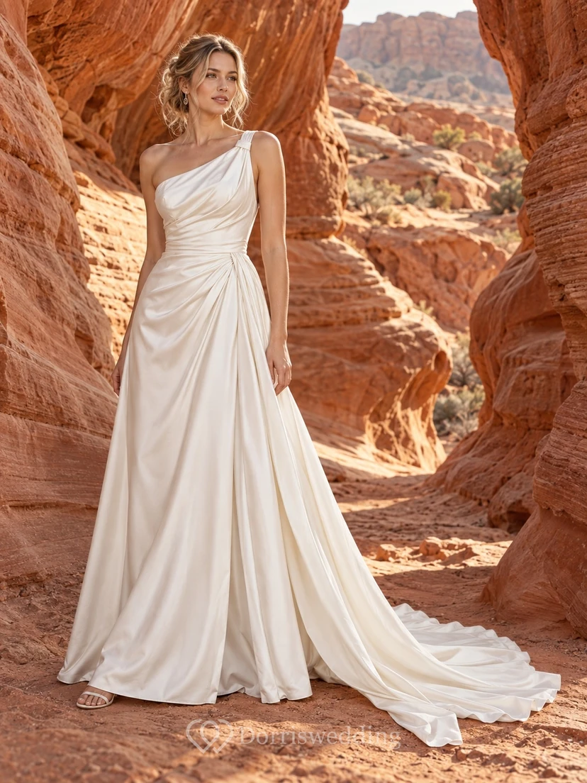 Vestido de novia largo hasta el suelo, sin mangas, de charmeuse, con fruncido lateral sencillo, un solo hombro y drapeado.