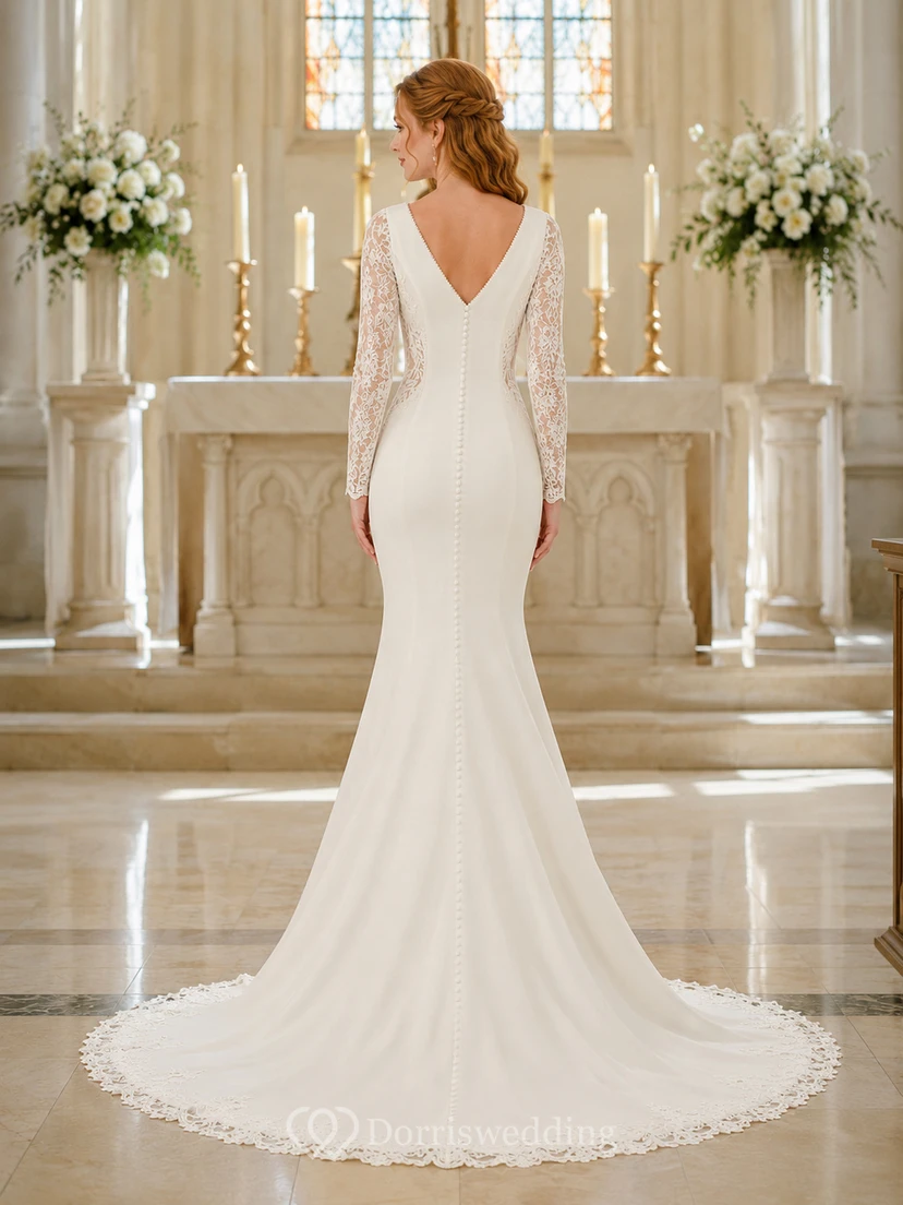Vestido de novia de estilo sirena con escote en V y mangas de encaje, estilo modesto, para iglesia. view 2