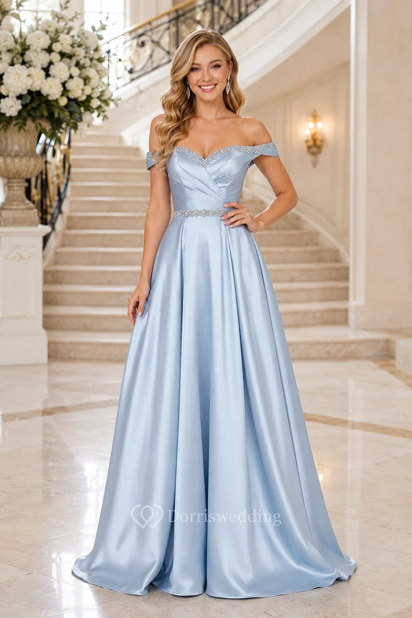 Himmelblaues schulterfreies Brautjungfernkleid aus Satin in A-Linie mit bodenlangem Rock