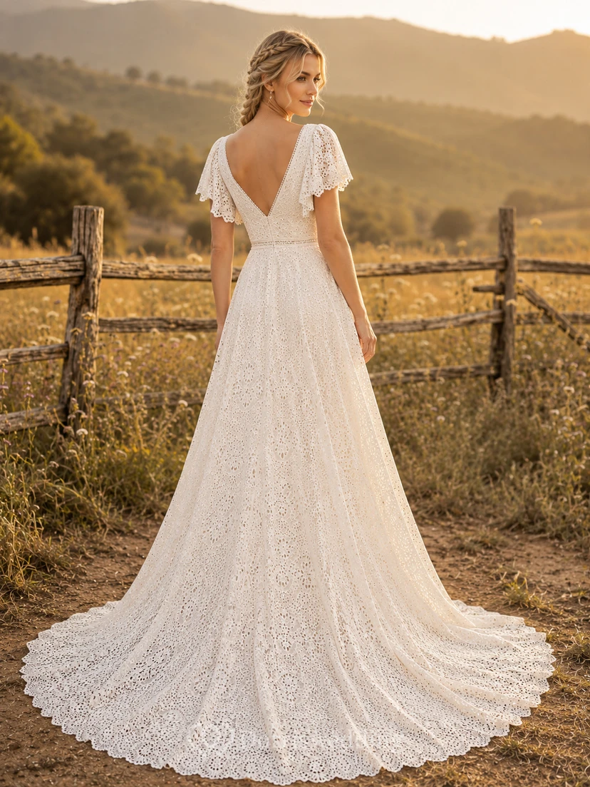 Robe de mariée champêtre en tulle, coupe trapèze, col en V, manches papillon, traîne chapelle, dos nu plongeant. view 2