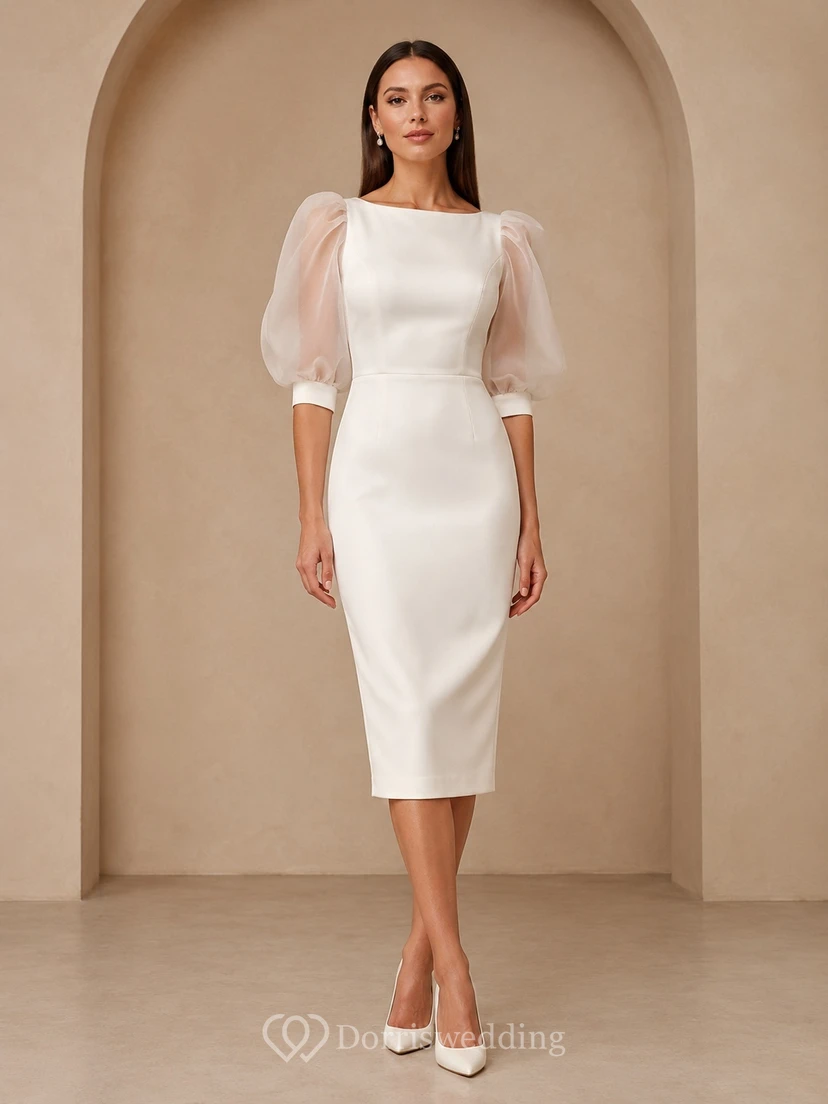White Bateau Puff Sleeve Satin Pencil Tea-Length Modern Cocktail Dress