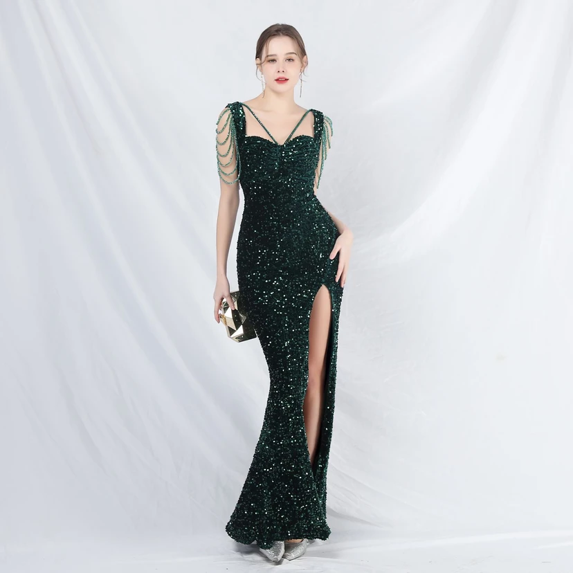 Ladies And Celebrities Formal Occasions Velvet-Bottomed Hand-Beaded Long Evening Dress view 50