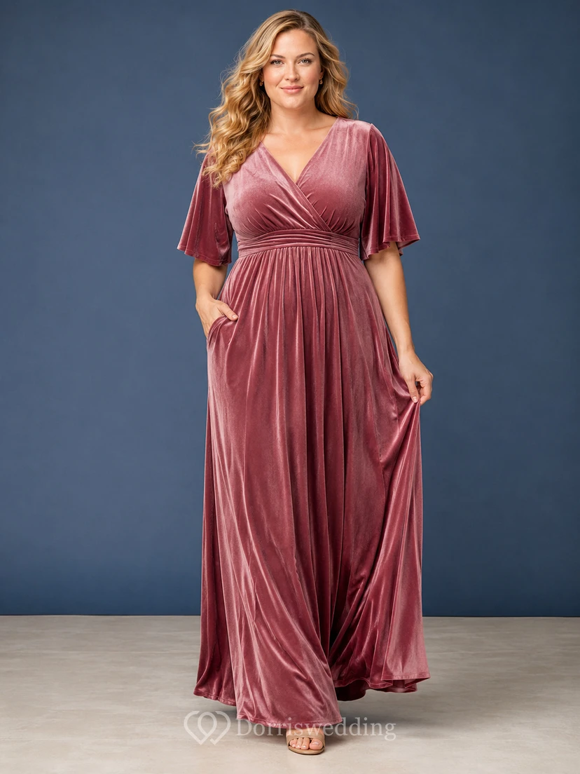 Mauvefarbenes Samt-Maxikleid mit V-Ausschnitt, Empire-Taille und Übergröße