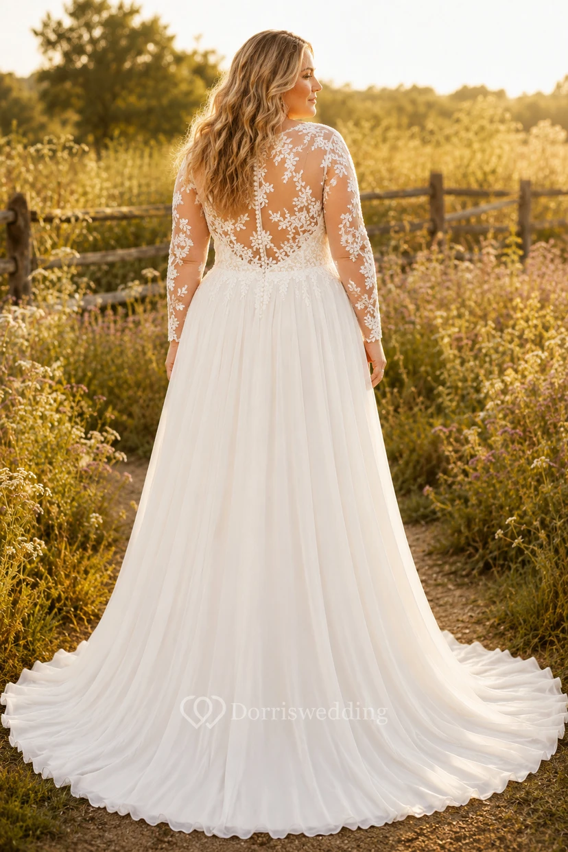 Plus Size Langarm-Hochzeitskleid aus Spitze in A-Linie view 2
