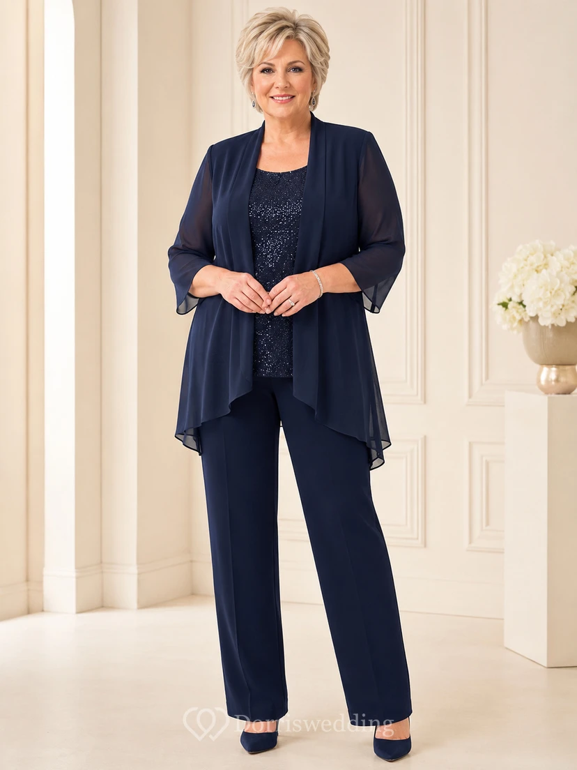 Dunkelblauer, luxuriöser Chiffon-Hosenanzug in Übergröße für die Mutter der Braut mit Paillettenoberteil und langem Blazer